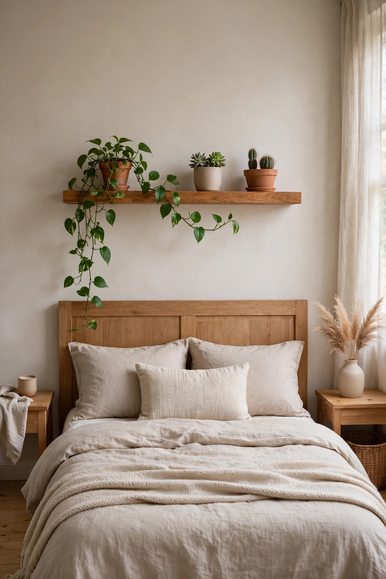 A wooden shelf above a bed headboard holding small potted plants