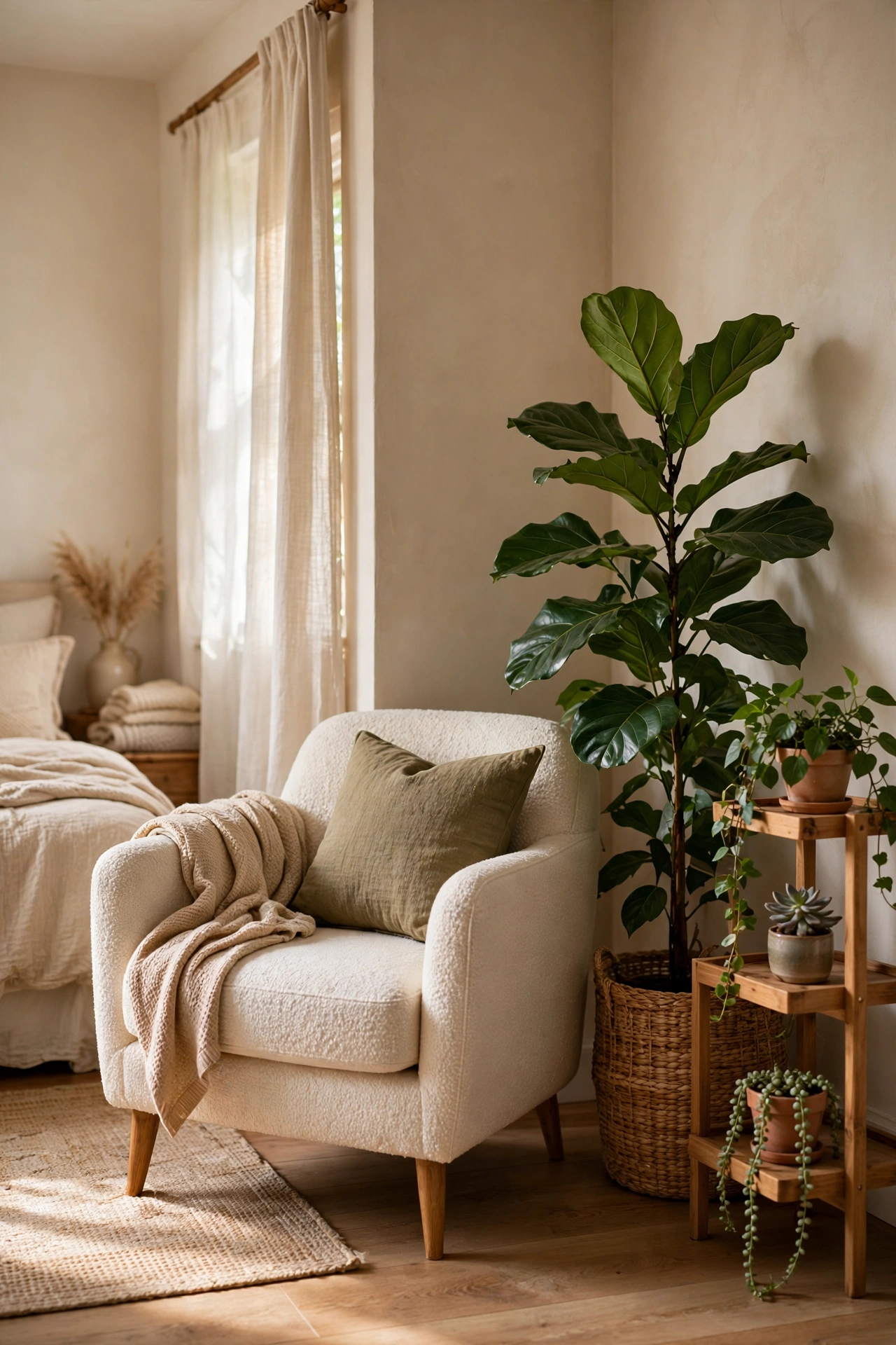 A cosy bedroom reading corner with an armchair and a large leafy plant