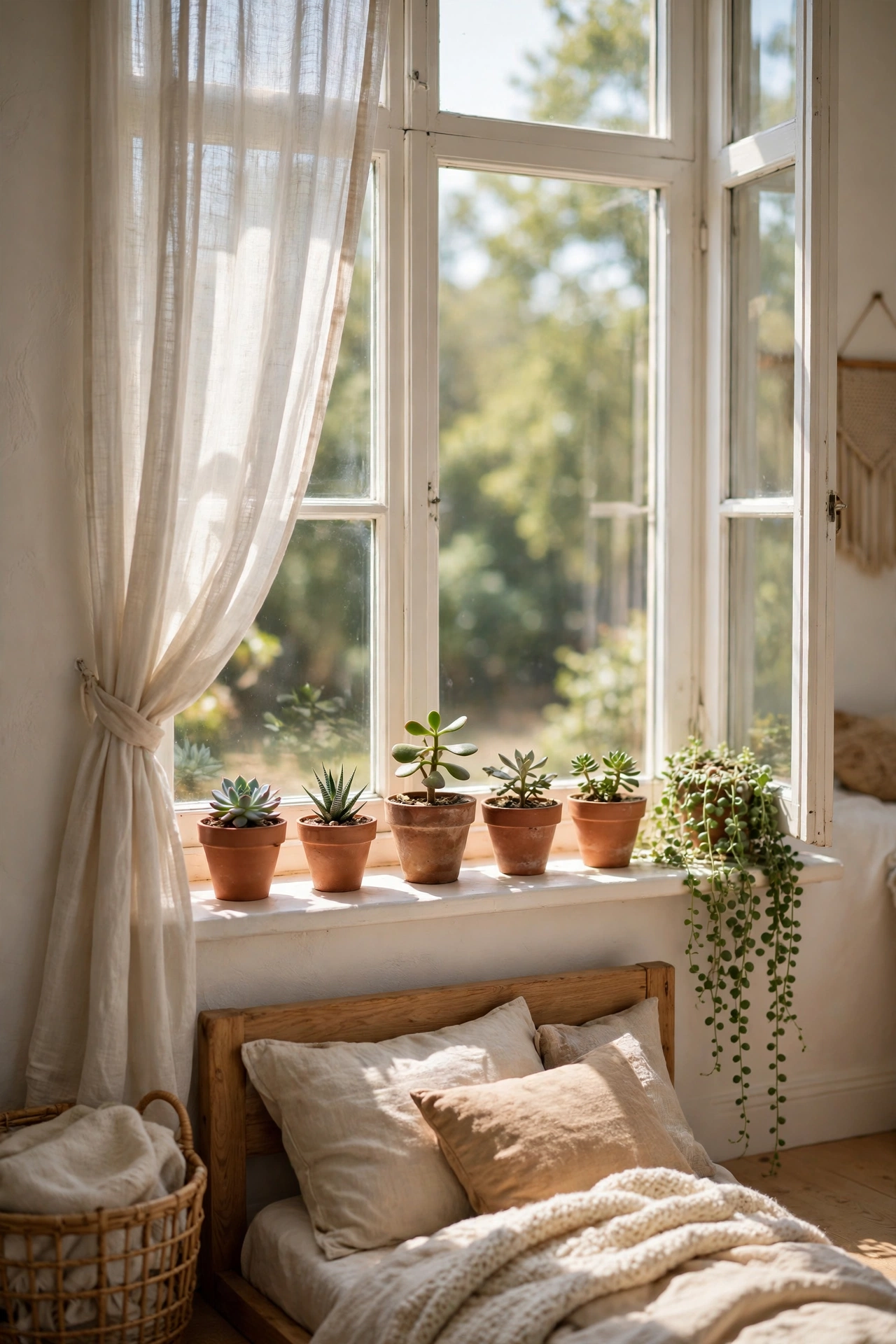 A sunny bedroom windowsill with small succulents in terracotta pots