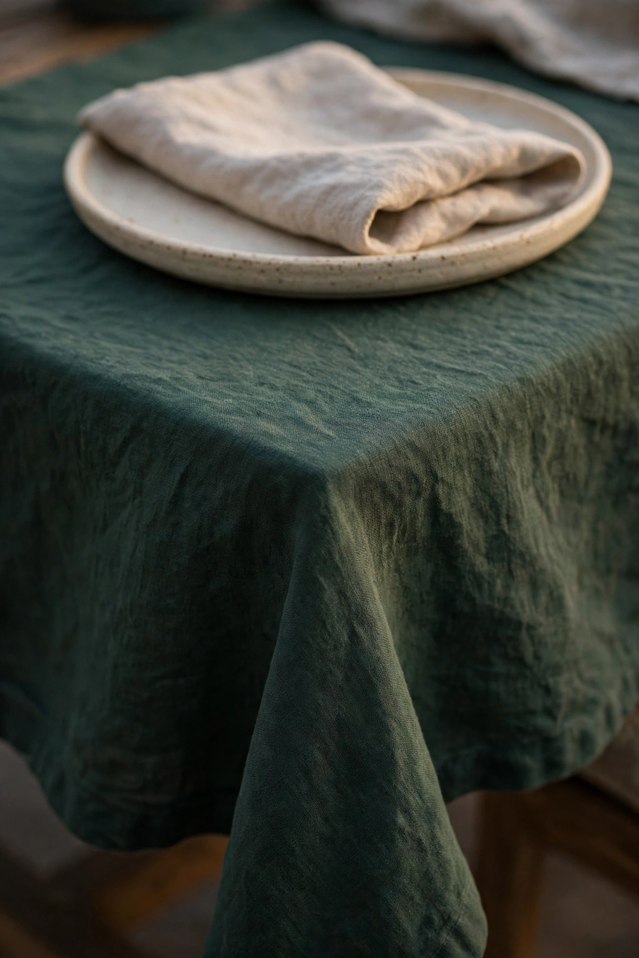 Forest-green linen tablecloth with cream stoneware and oatmeal napkin