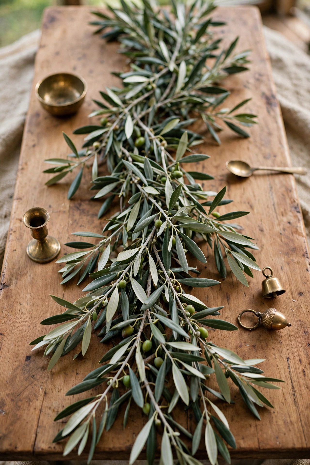 Fresh olive branch garland running down the centre of the table
