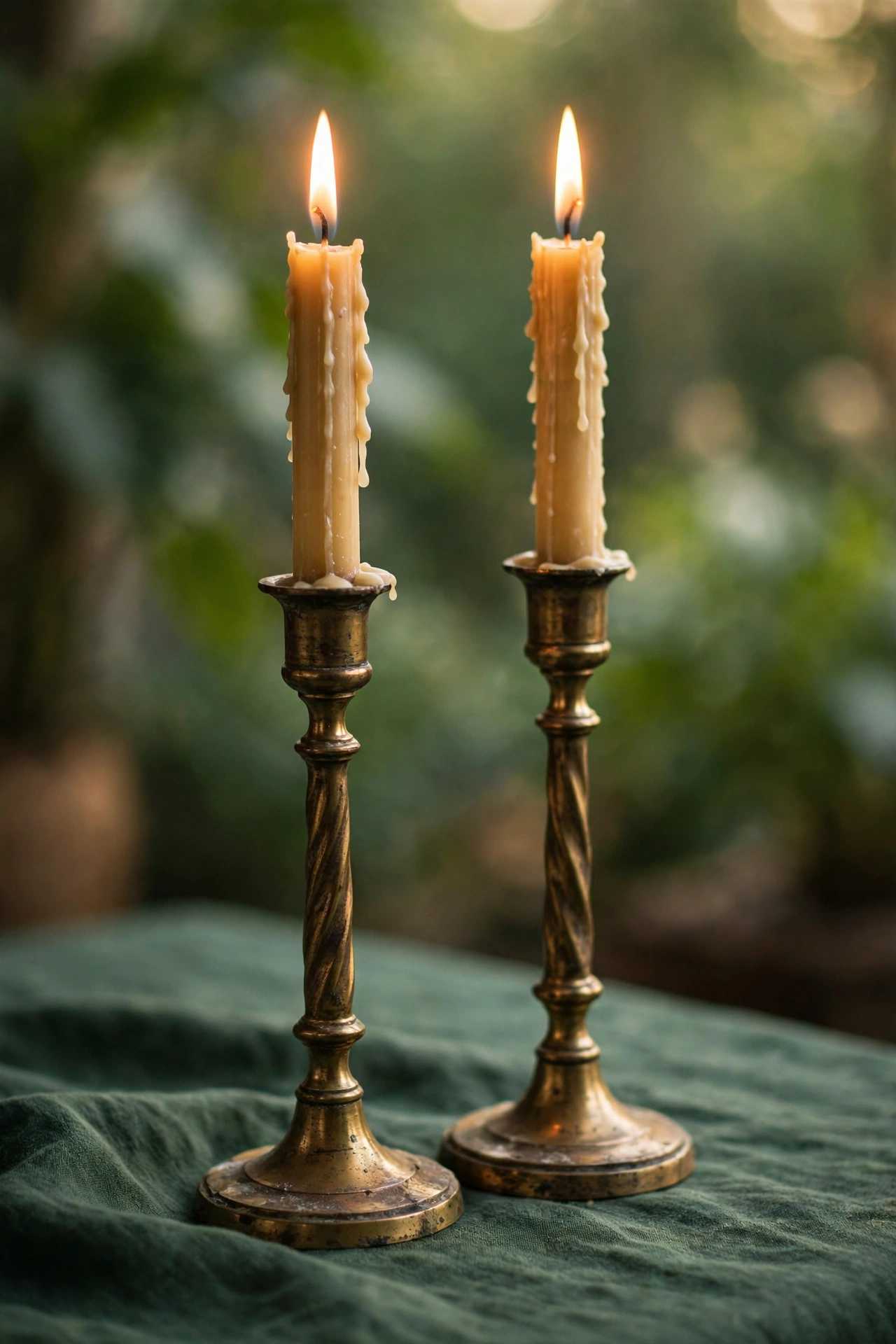 Aged brass candlesticks with lit tapers on a green tablecloth