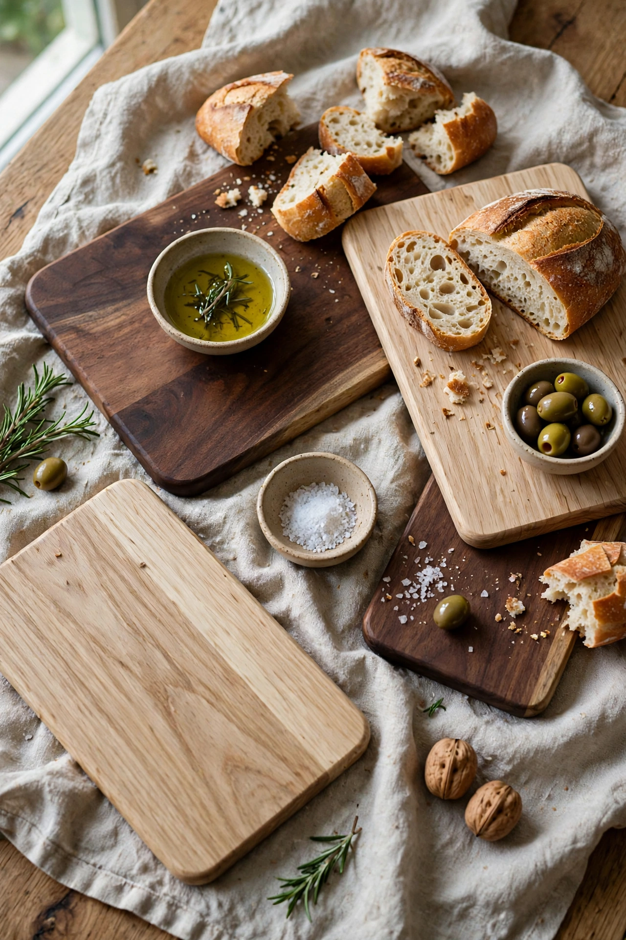 Mixed-tone wooden serving boards on the Thanksgiving table