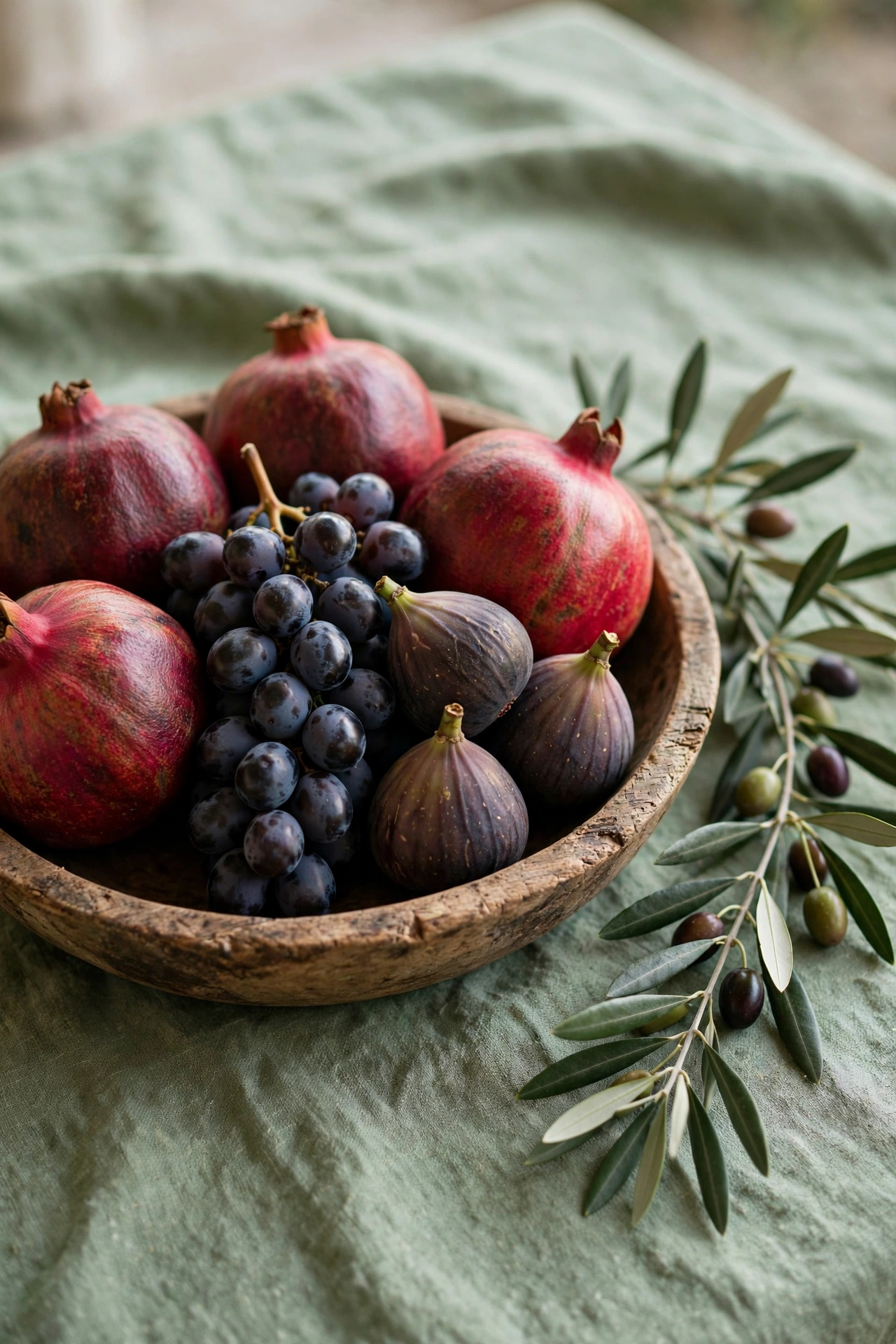 Bowl of pomegranates, dark grapes and figs on green linen