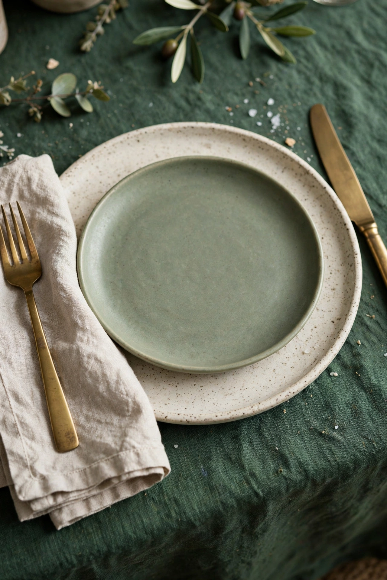 Speckled stoneware place setting with brass flatware