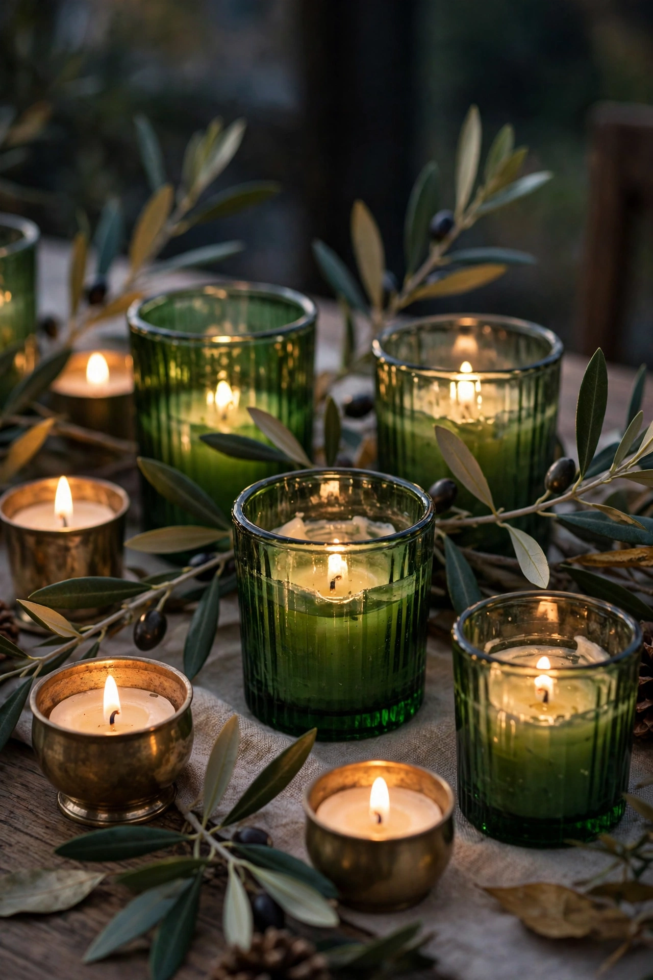 Green glass and brass candle holders glowing among olive branches