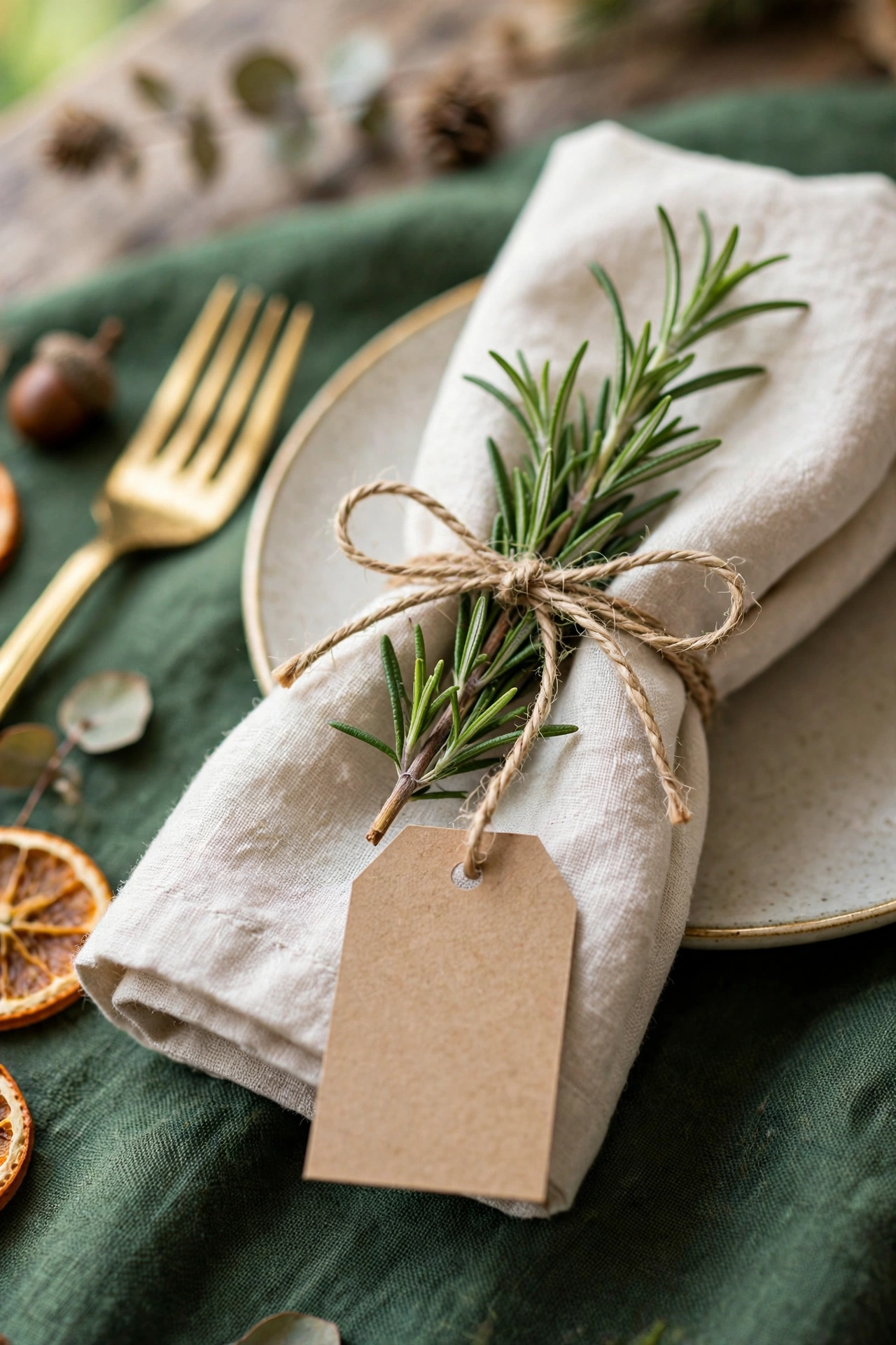 Rosemary sprig tied with twine to a linen napkin with kraft name tag