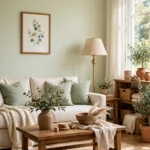 Living room in the 2027 palette: pale celery green walls, sage cushions and warm brown wood