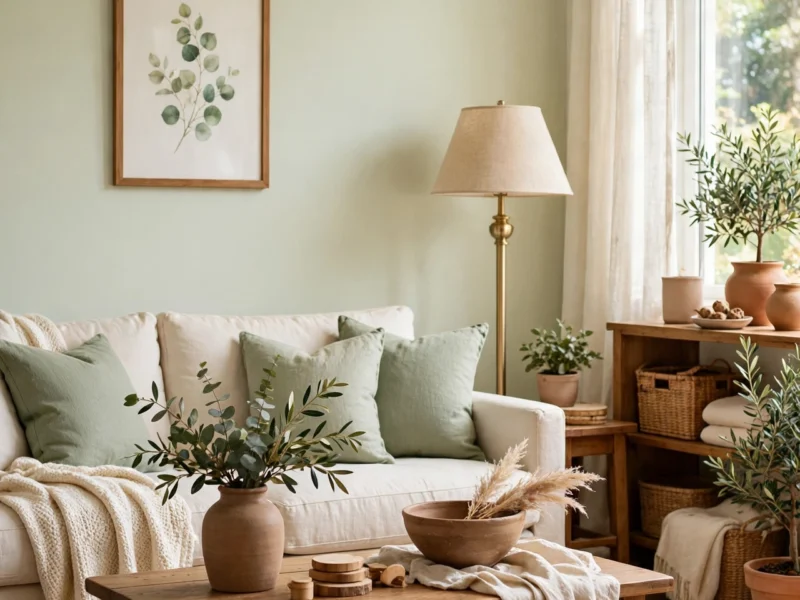 Living room in the 2027 palette: pale celery green walls, sage cushions and warm brown wood