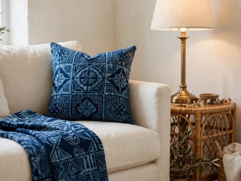 Indigo adire textiles styled in a warm, neutral living room