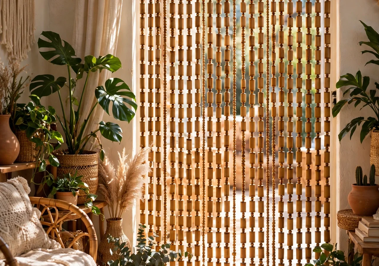 A bamboo beaded curtain hanging in a bright, plant-filled living room doorway