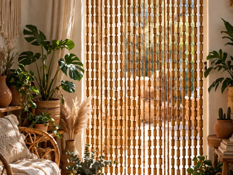 A bamboo beaded curtain hanging in a bright, plant-filled living room doorway