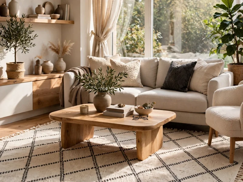 An ivory hand-knotted Berber rug anchors a modern living room.