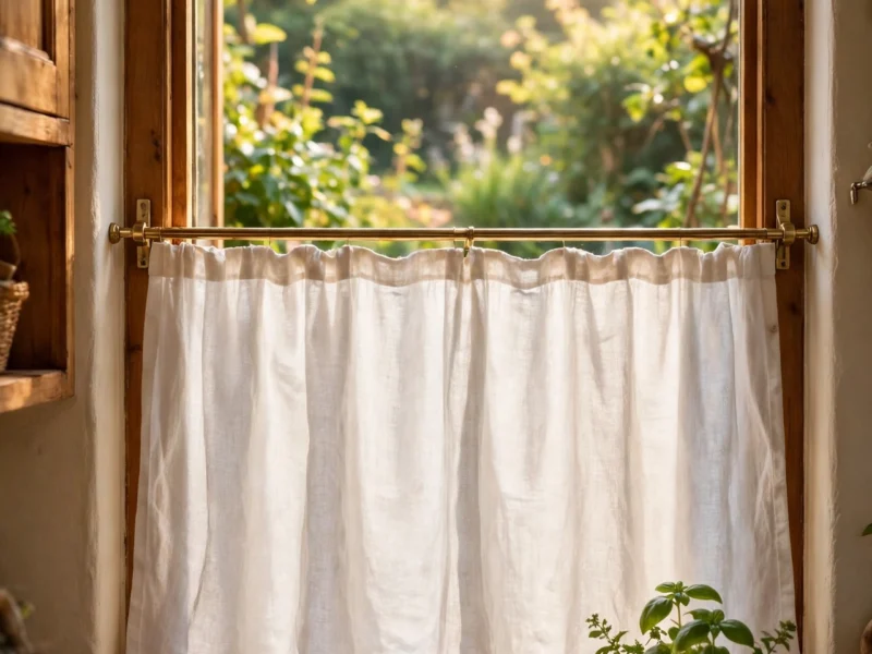 A linen cafe curtain on a brass rod covers the lower half of a sunlit kitchen window, basil on the sill.