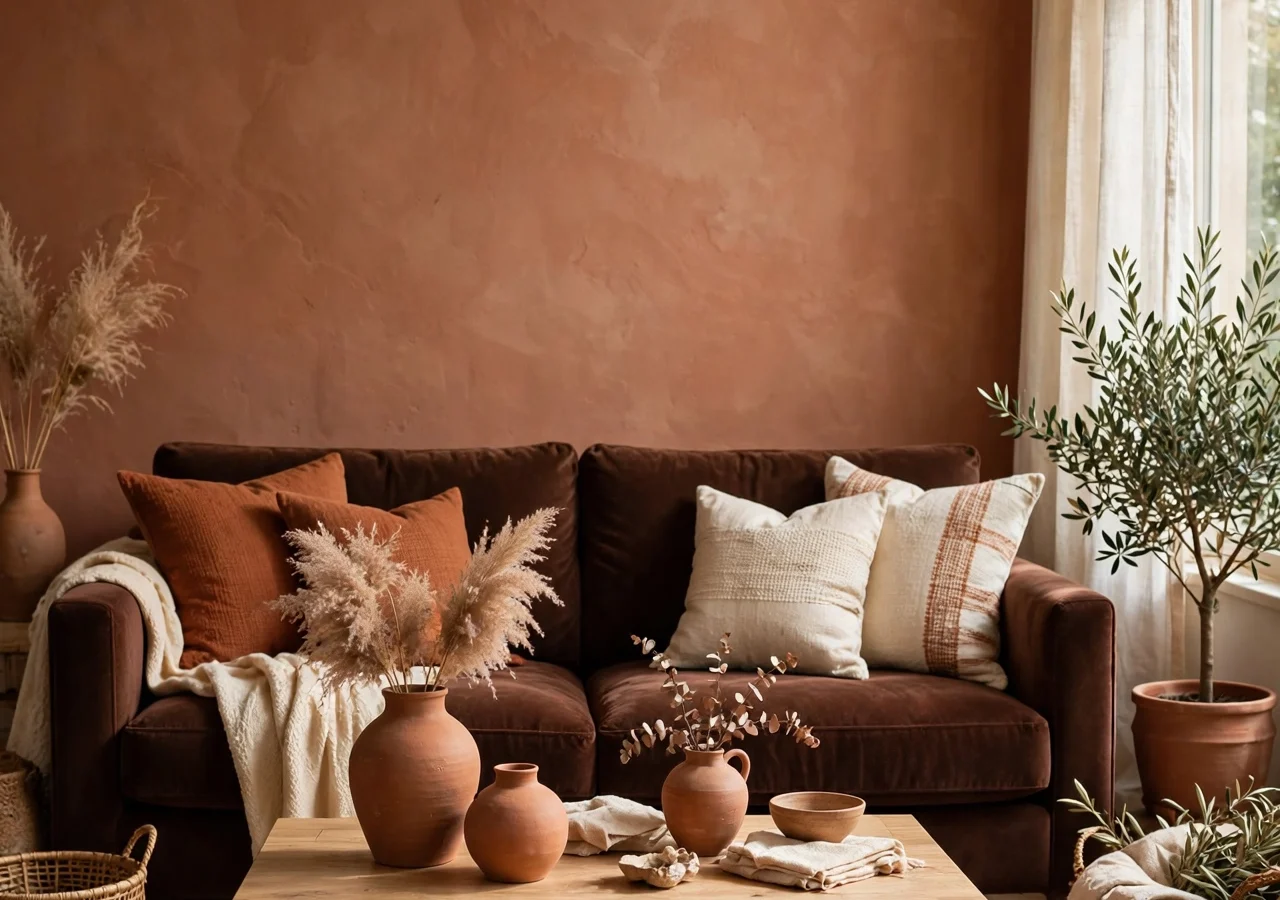 A warm living room in chocolate brown and terracotta — deep velvet sofa, clay-toned wall, and sun-baked ceramic accents.