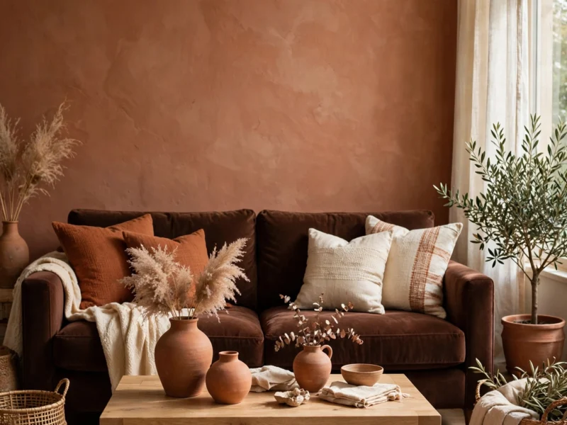 A warm living room in chocolate brown and terracotta — deep velvet sofa, clay-toned wall, and sun-baked ceramic accents.