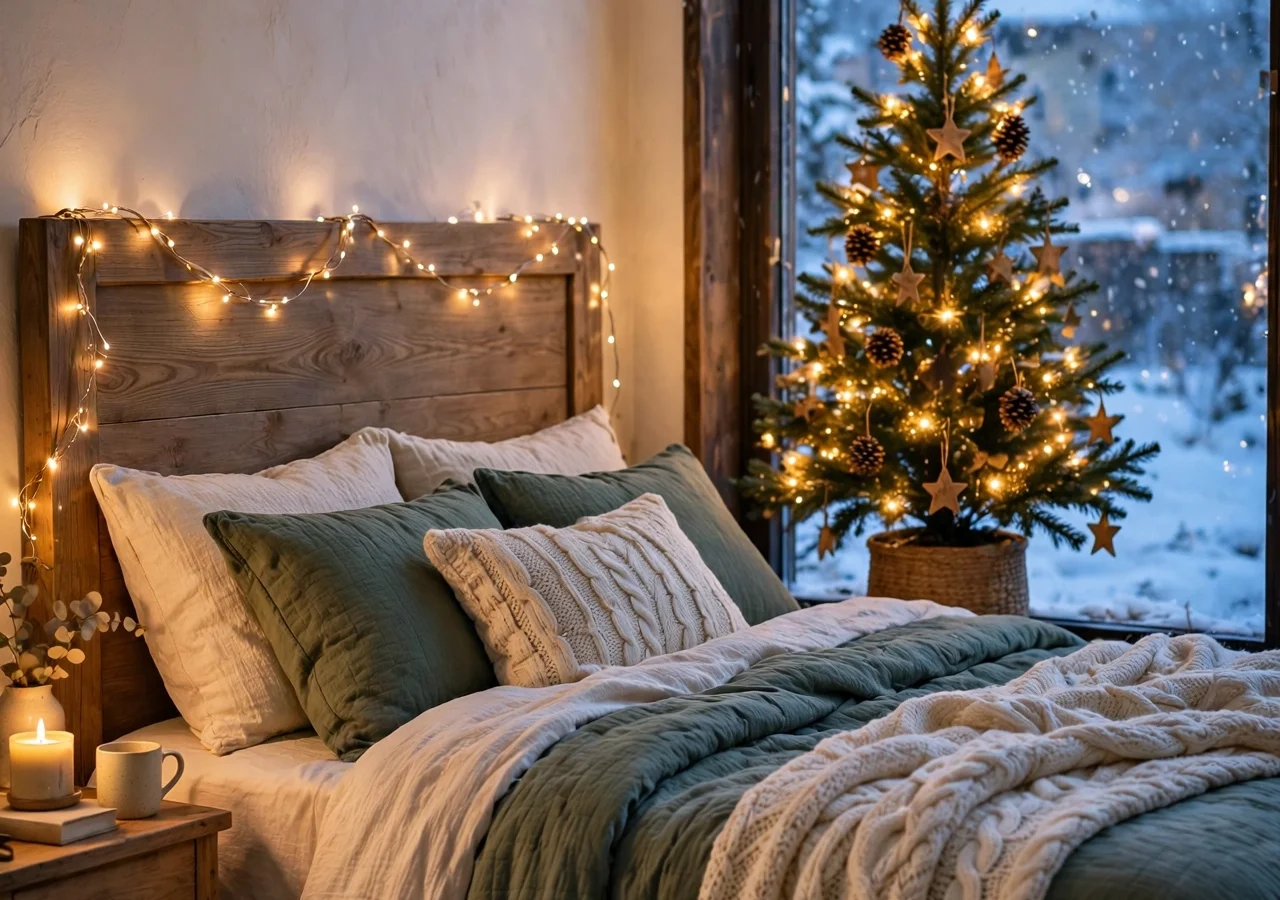 A cosy Christmas bedroom with layered bedding, a lit tree, and warm fairy lights