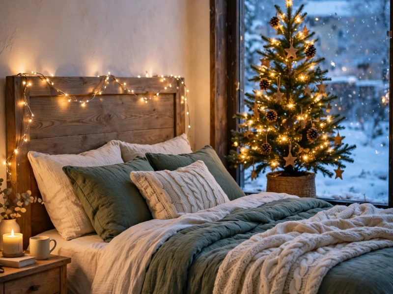 A cosy Christmas bedroom with layered bedding, a lit tree, and warm fairy lights