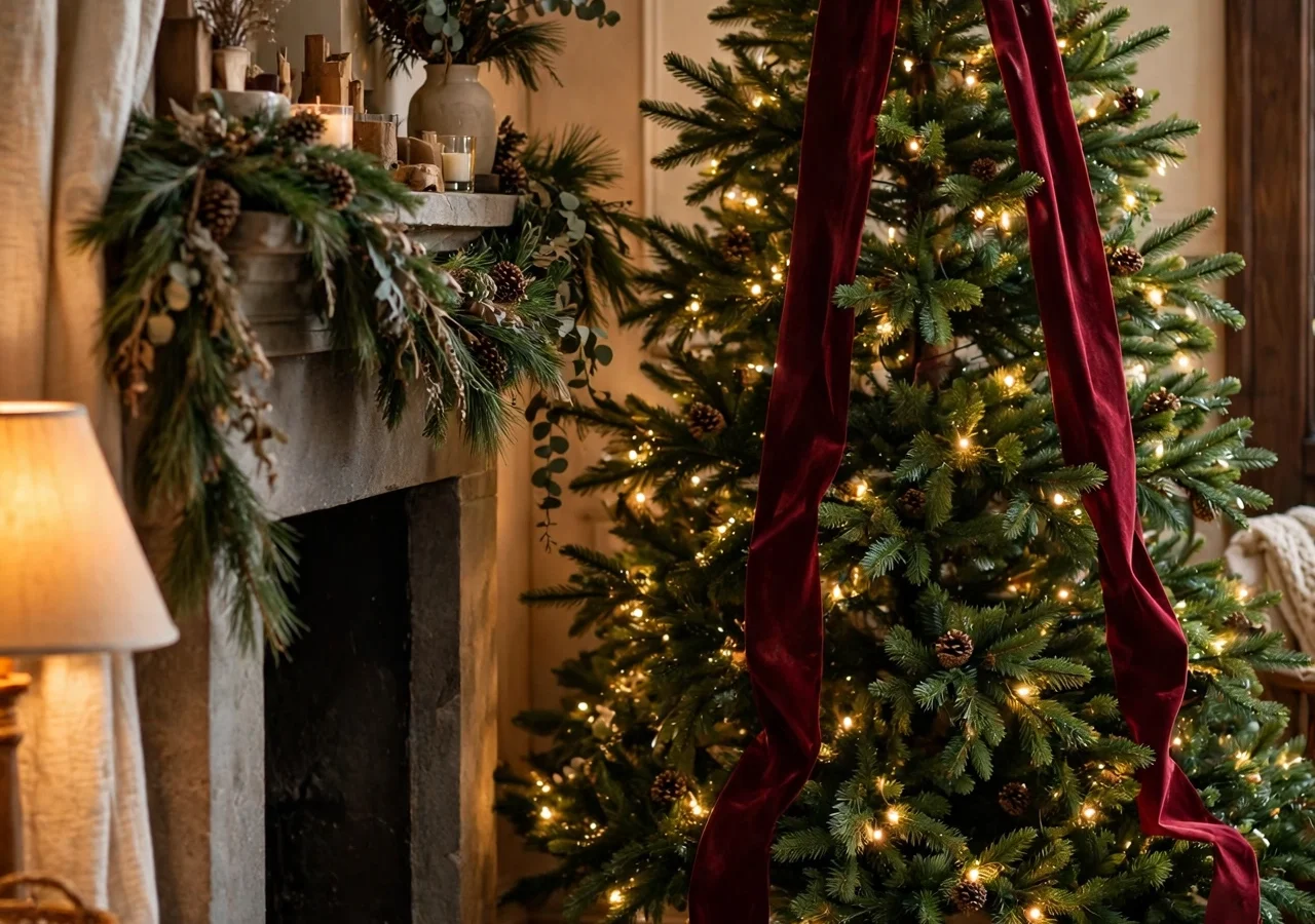 Christmas tree crowned with an oversized burgundy velvet bow, with velvet-tied gifts underneath