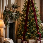 Christmas tree crowned with an oversized burgundy velvet bow, with velvet-tied gifts underneath