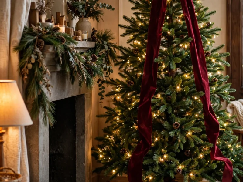 Christmas tree crowned with an oversized burgundy velvet bow, with velvet-tied gifts underneath