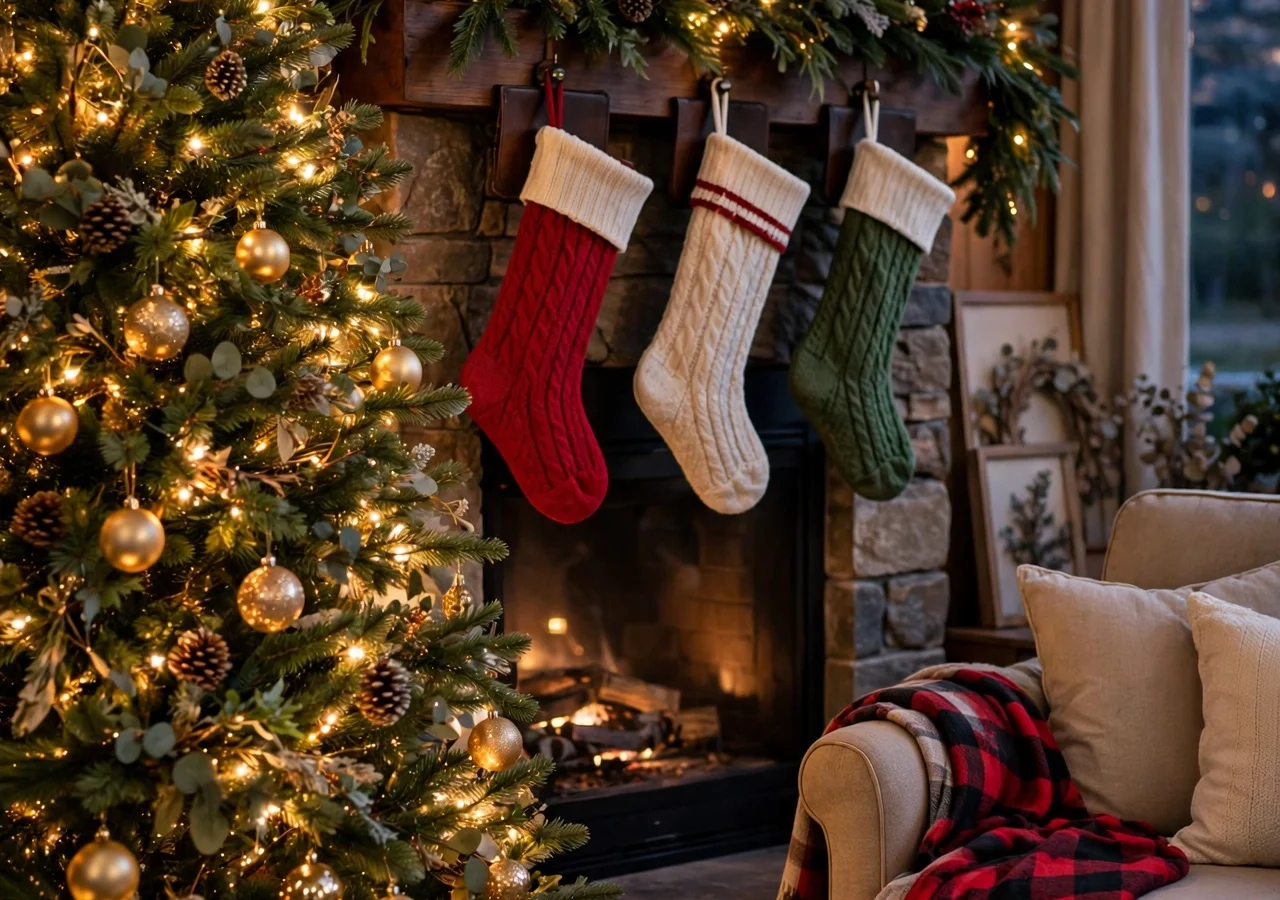 A cozy Christmas living room with a decorated tree and garland-draped mantel