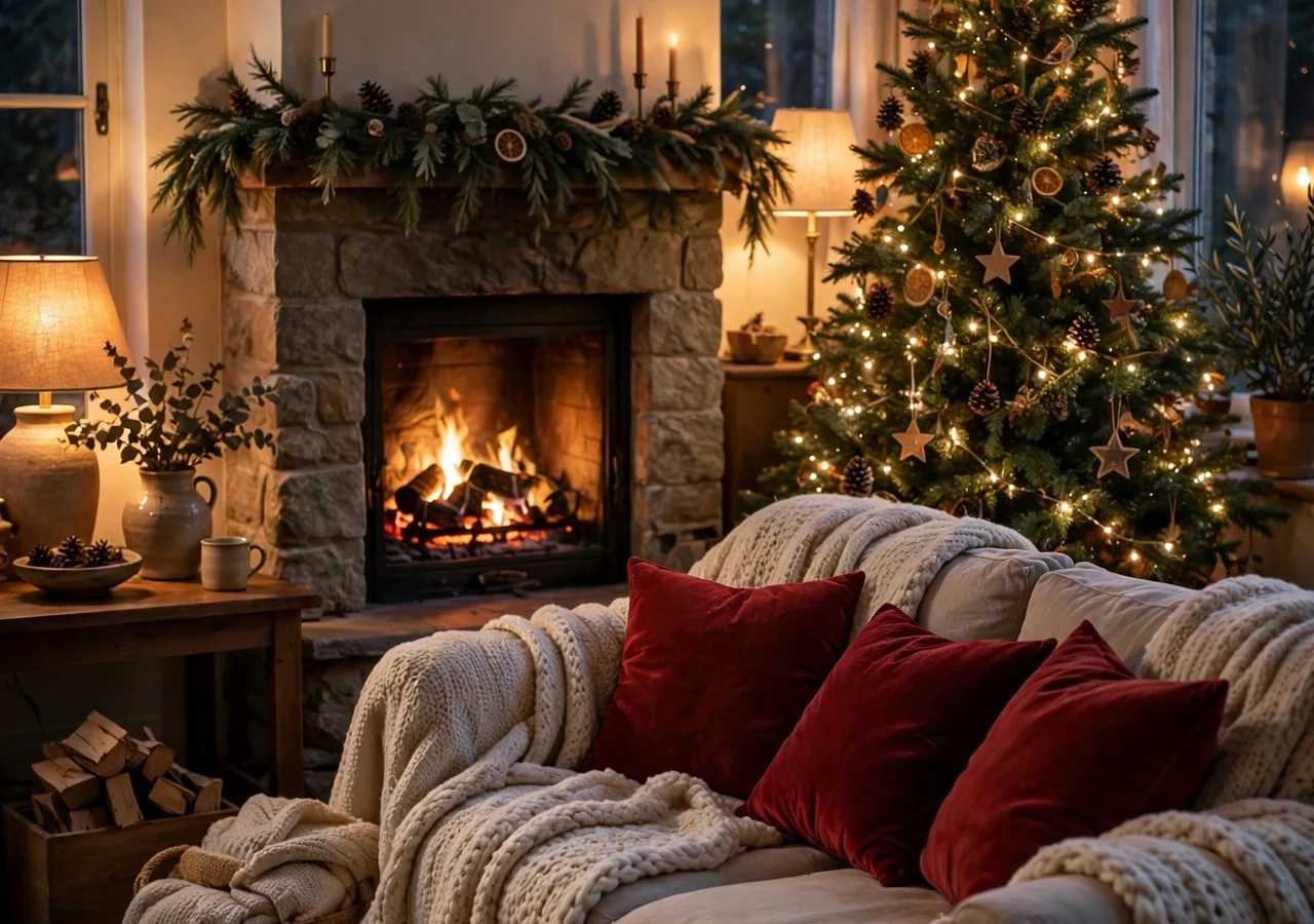 A cosy Christmas living room at dusk, with a lit tree, layered sofa throws and a glowing fireplace