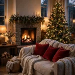 A cosy Christmas living room at dusk, with a lit tree, layered sofa throws and a glowing fireplace