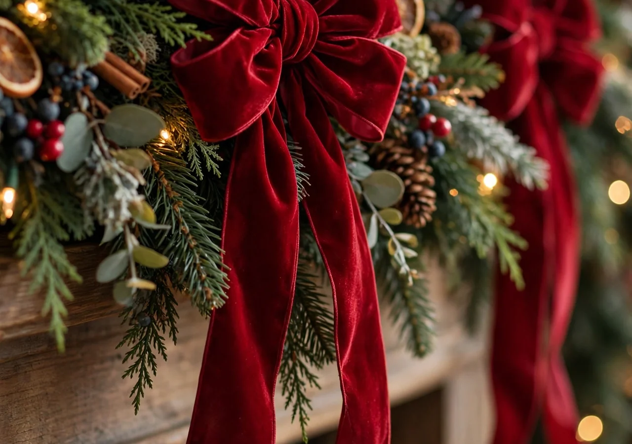 Christmas mantel styled with a full cedar garland, fairy lights, five knit stockings and a round brass mirror