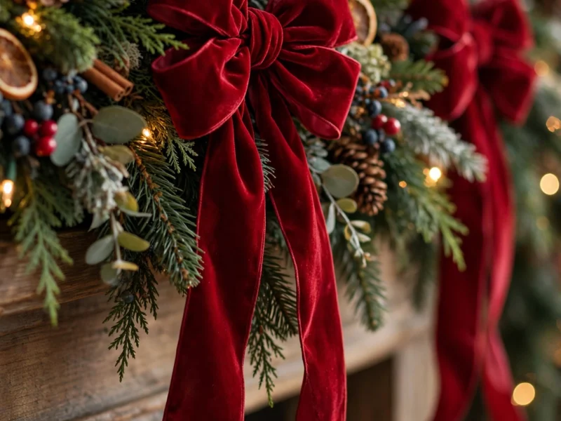 Christmas mantel styled with a full cedar garland, fairy lights, five knit stockings and a round brass mirror
