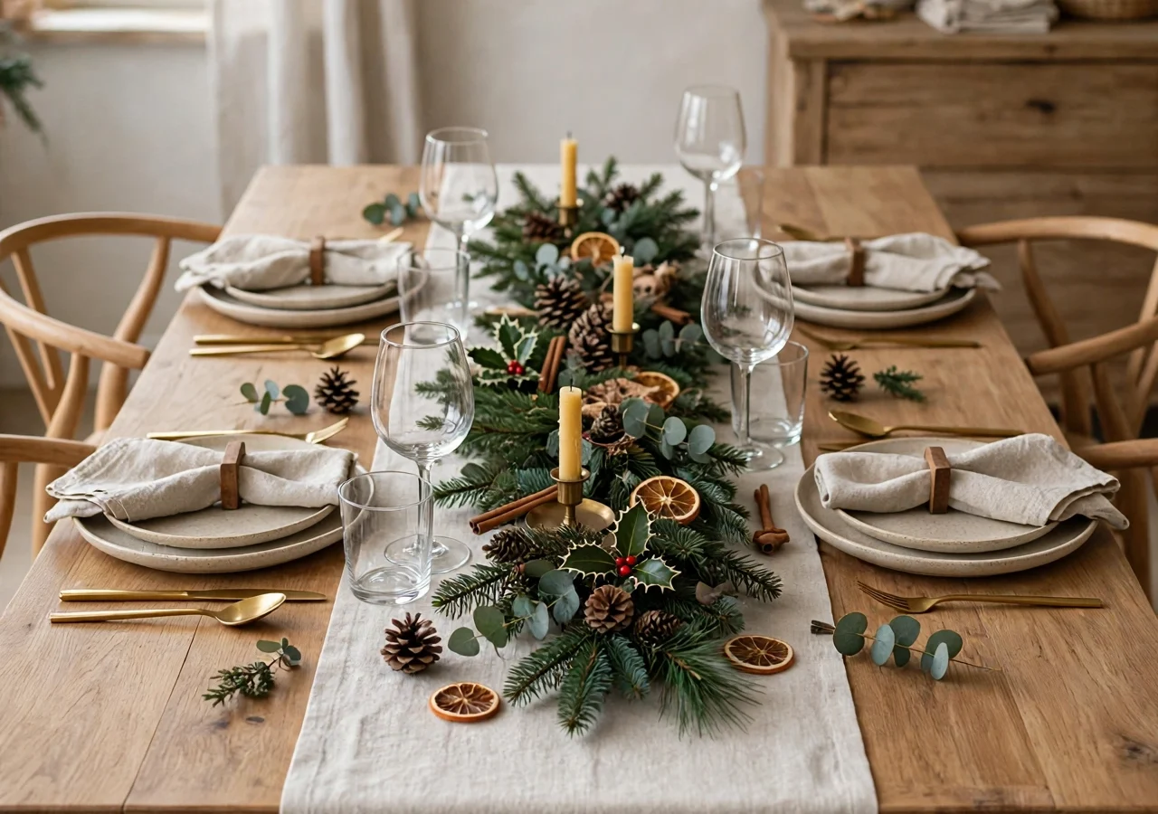 A festive Christmas table centrepiece with an evergreen garland, glowing candles and gold baubles