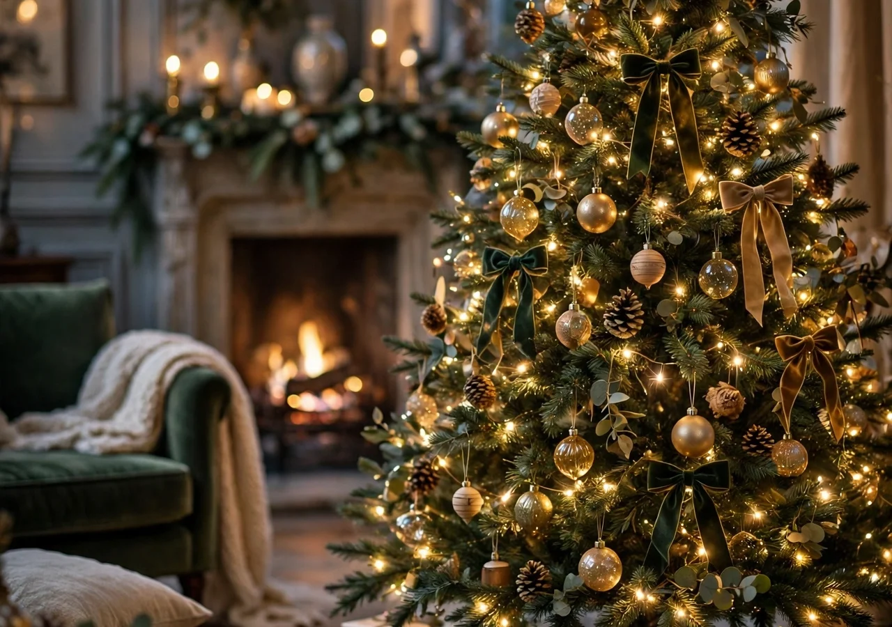 A beautifully decorated Christmas tree in a cosy living room