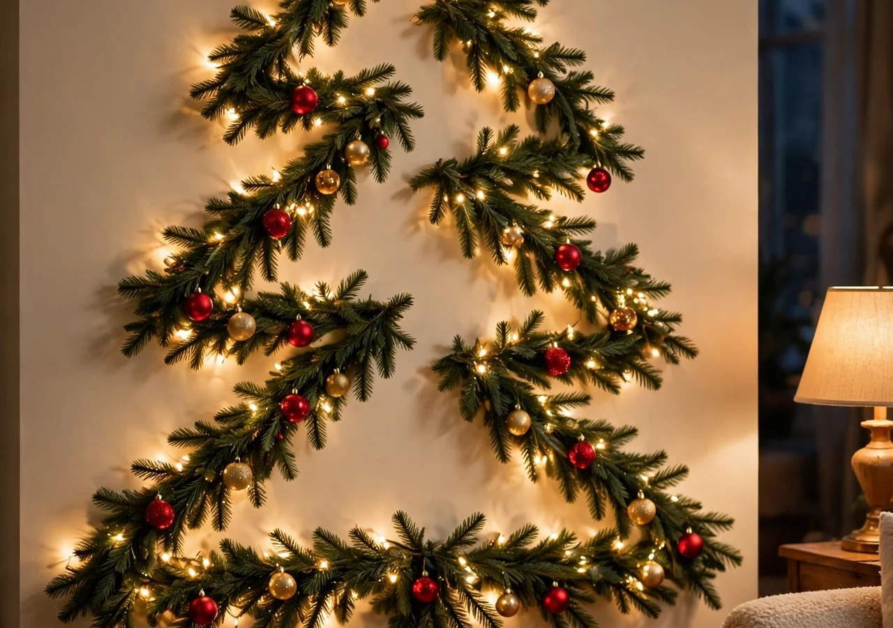 A garland wall tree with glowing fairy lights and ornaments — Christmas without a traditional tree.