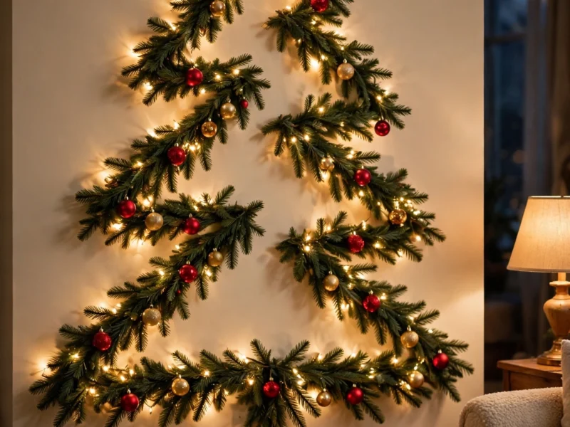 A garland wall tree with glowing fairy lights and ornaments — Christmas without a traditional tree.