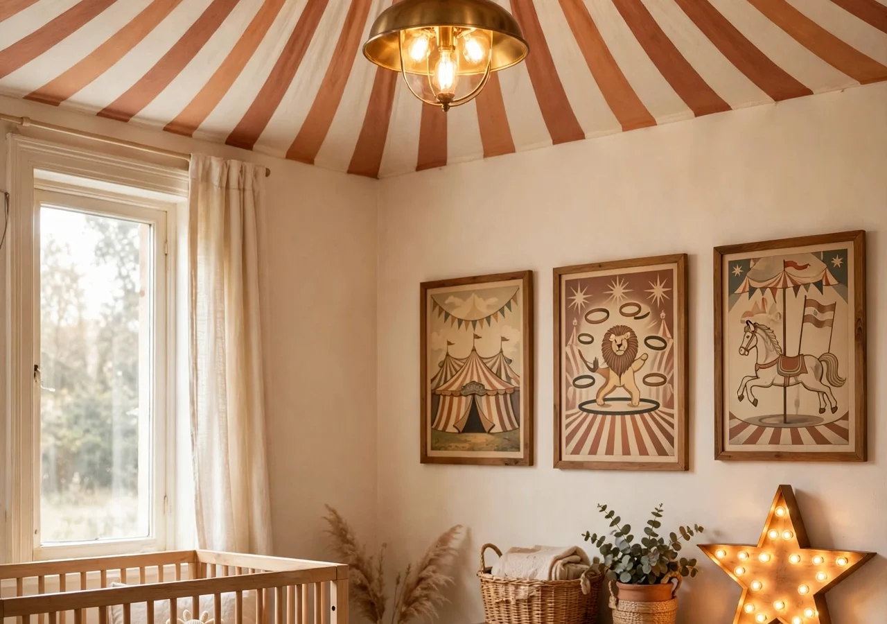 A circus-themed nursery with a radiating striped big-top ceiling, vintage poster art and warm marquee lights.