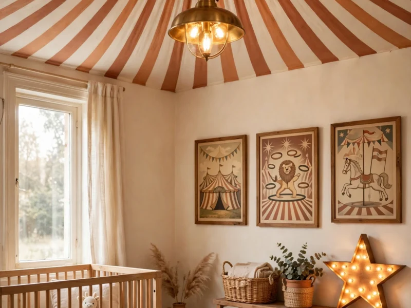 A circus-themed nursery with a radiating striped big-top ceiling, vintage poster art and warm marquee lights.