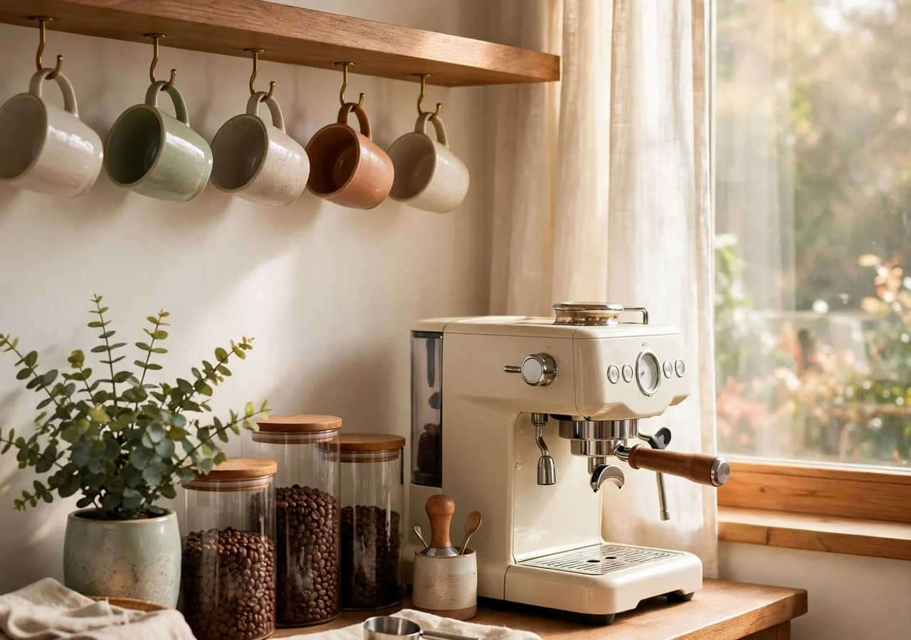 A styled home coffee bar with a cream espresso machine, hanging mugs, and open shelves in warm morning light