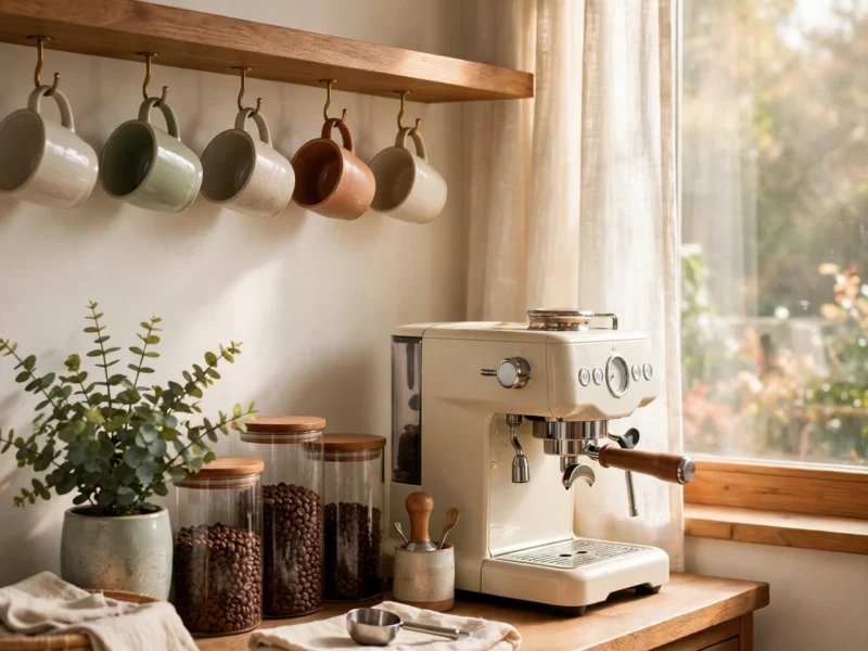 A styled home coffee bar with a cream espresso machine, hanging mugs, and open shelves in warm morning light