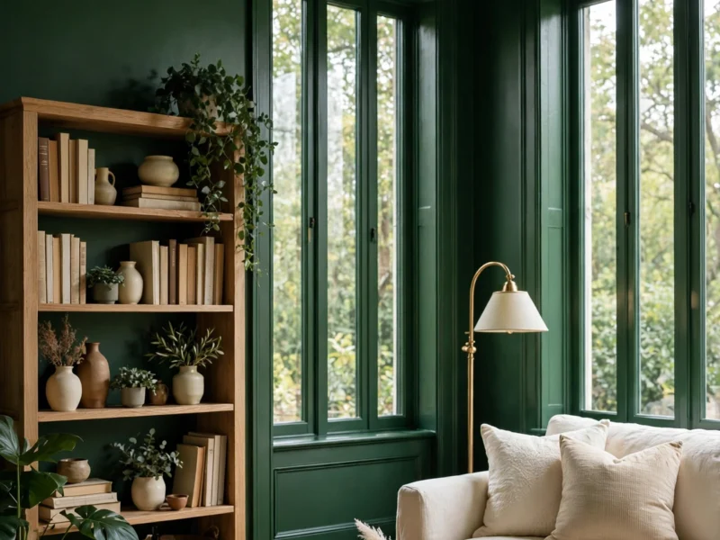 A living room colour-drenched in deep botanical green: walls, ceiling, skirting and window frames all in one paint.