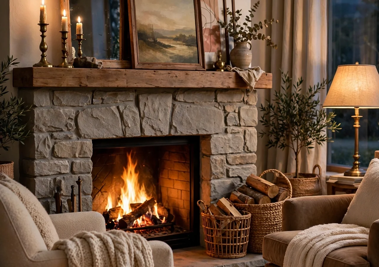 A cosy living room styled around a stone fireplace with layered mantel decor