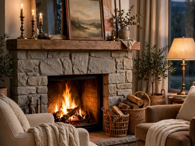 A cosy living room styled around a stone fireplace with layered mantel decor