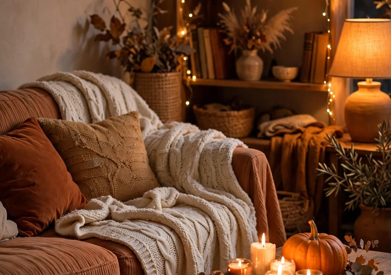 A warm autumn living room layered with a chunky knit throw, a candle cluster, fairy lights and a pumpkin