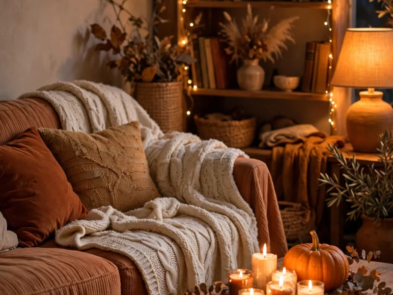 A warm autumn living room layered with a chunky knit throw, a candle cluster, fairy lights and a pumpkin