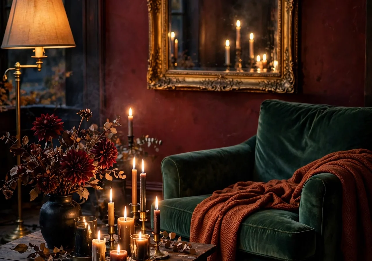 A dark romantic autumn living room with oxblood walls, velvet armchair and candlelight