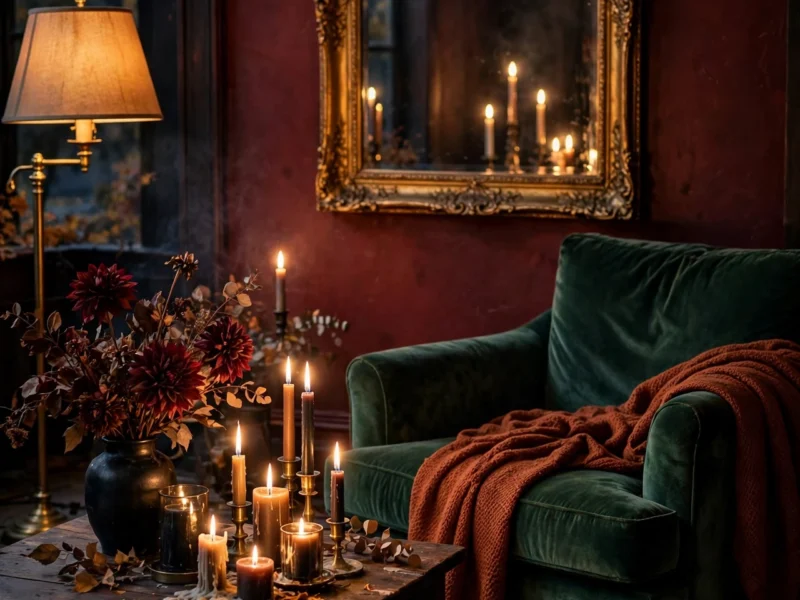 A dark romantic autumn living room with oxblood walls, velvet armchair and candlelight