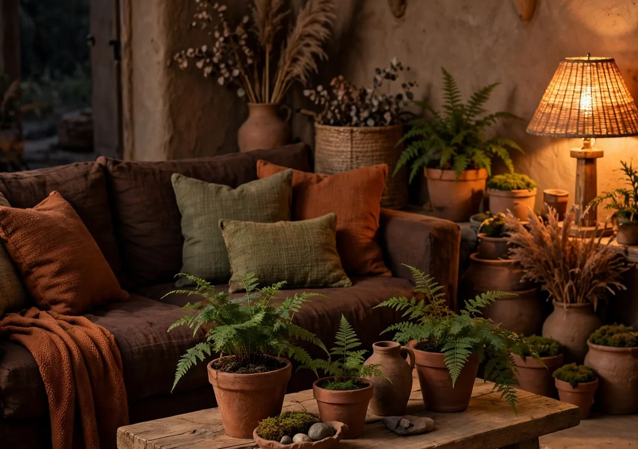 Warm dirtcore living room with a chocolate sofa, terracotta pots and moss green cushions