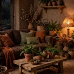 Warm dirtcore living room with a chocolate sofa, terracotta pots and moss green cushions