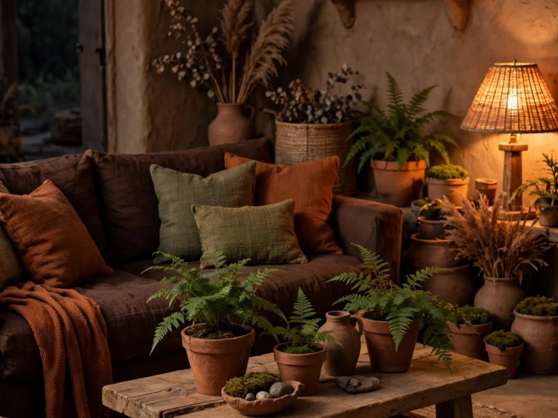 Warm dirtcore living room with a chocolate sofa, terracotta pots and moss green cushions