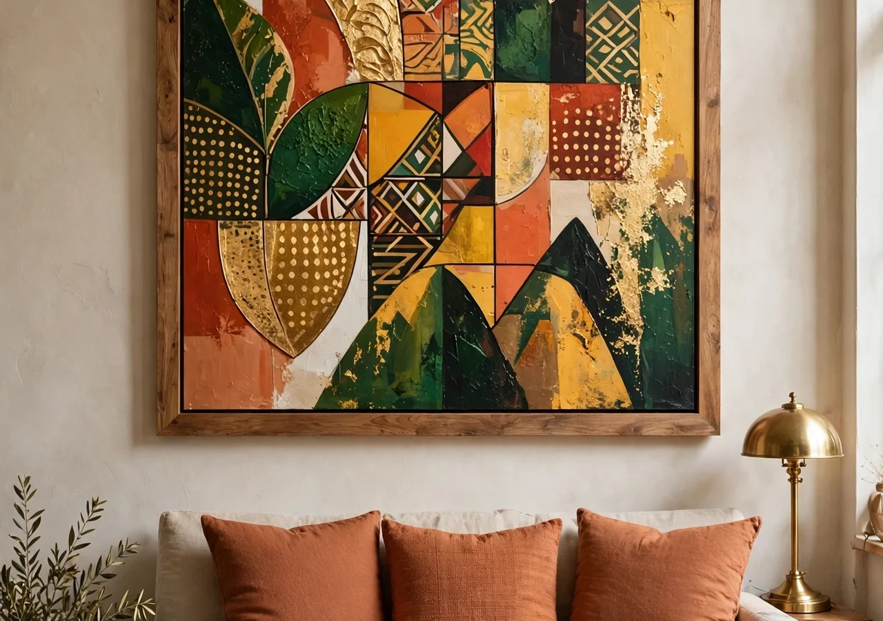 Living room wall with a large framed Ethiopian artwork above a linen sofa