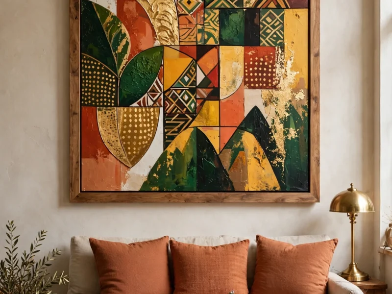 Living room wall with a large framed Ethiopian artwork above a linen sofa